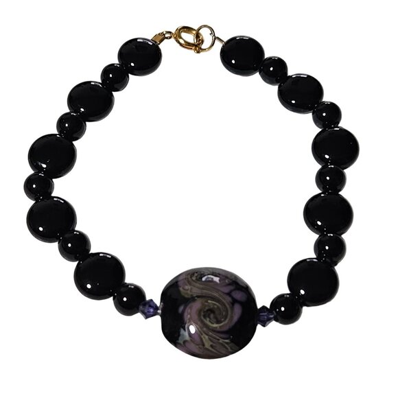 Elegant Boho Black Beaded Bracelet Swirled Purple Centerpiece Fashion Jewelry - Picture 1 of 4
